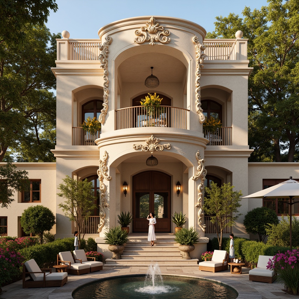 Prompt: Luxurious villa facade, ornate Baroque details, grandiose columns, intricately carved stonework, symmetrical composition, curved lines, soft golden lighting, warm beige stone walls, decorative balconies, ornamental railings, lavish foliage, vibrant flower arrangements, sparkling fountain, serene outdoor spaces, shallow depth of field, 1/1 composition, realistic textures, ambient occlusion.