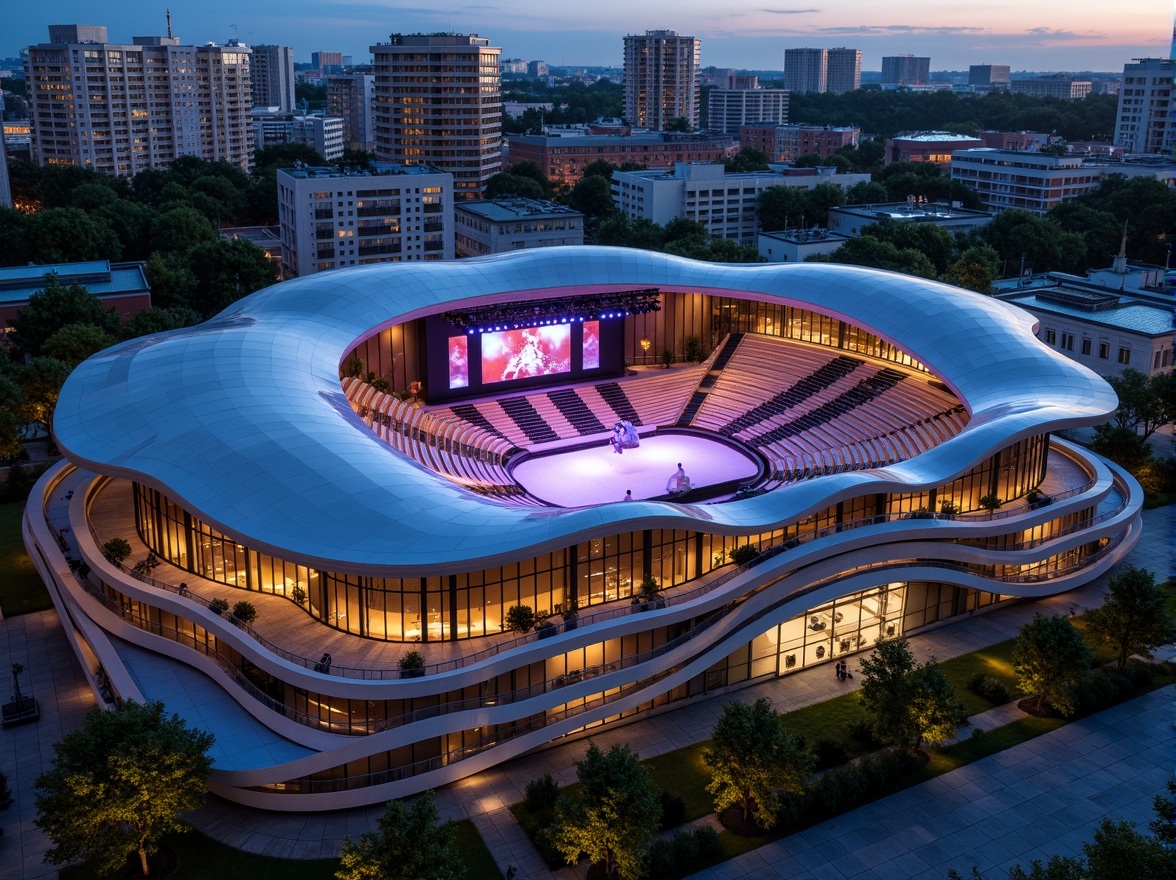 Prompt: Sleek concert house, undulating rooflines, dynamic curves, metallic materials, LED lighting systems, vibrant color schemes, futuristic architecture, open-air performance spaces, amphitheater seating, acoustically-designed canopies, rainwater harvesting systems, green roofs, solar panels, urban landscape, city skyline views, dramatic spotlights, 1/1 composition, shallow depth of field, cinematic atmosphere.