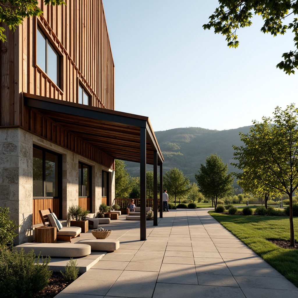 Prompt: Rustic winery exterior, weathered wood accents, natural stone walls, steel frames, corrugated metal roofing, minimalist signage, vineyard surroundings, rolling hills, lush greenery, warm afternoon sunlight, soft shadows, 1/1 composition, realistic textures, ambient occlusion.