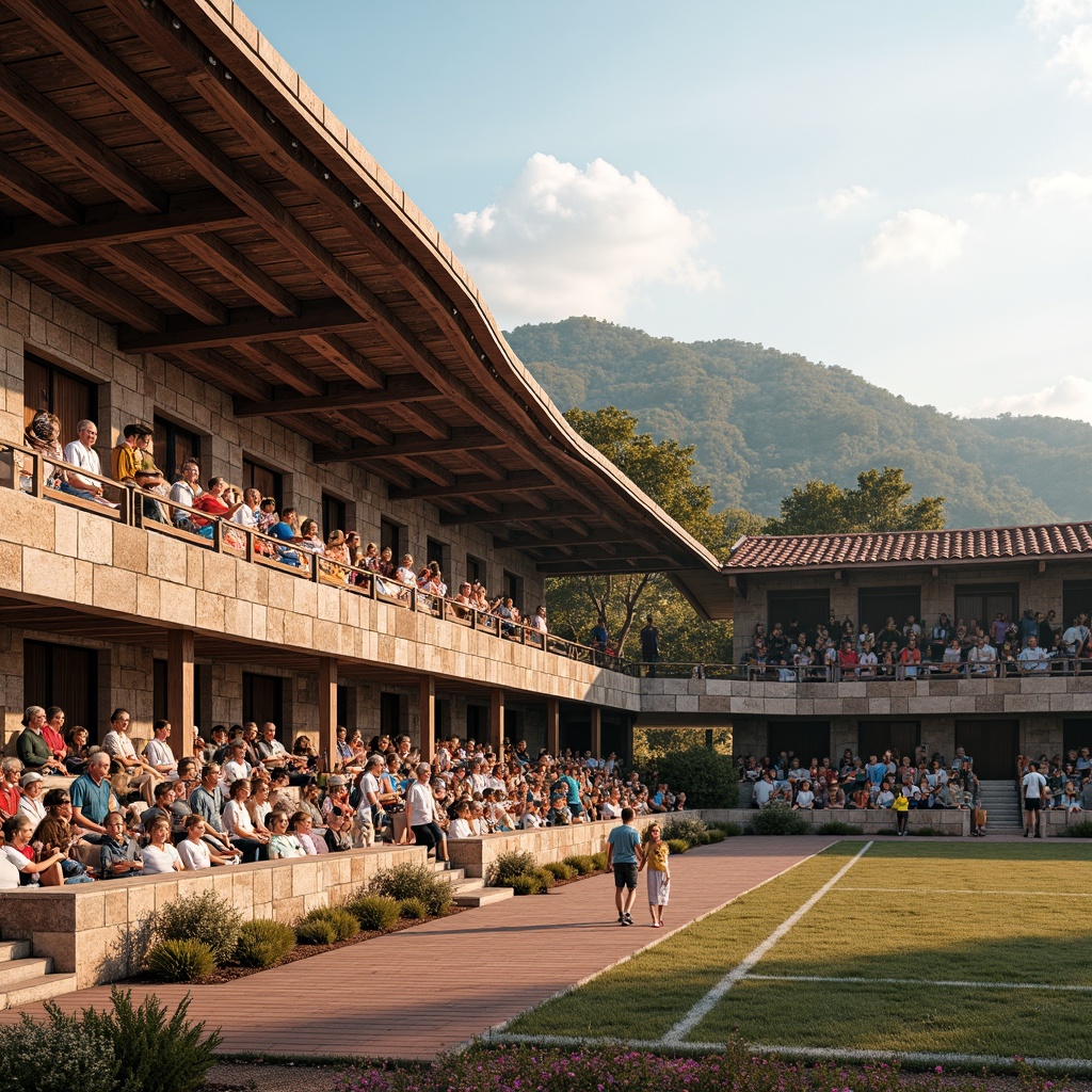 Prompt: Rustic stadium, local stone fa\u00e7ade, earthy tones, natural textures, curved lines, wooden accents, traditional roofing, terracotta tiles, regional patterns, vibrant colors, festive atmosphere, lively crowd, sunny day, warm soft lighting, shallow depth of field, 1/2 composition, realistic renderings, ambient occlusion.