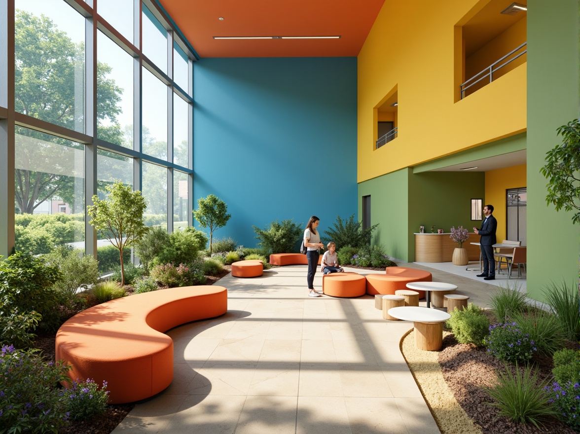 Prompt: Vibrant rehabilitation center, dynamic color schemes, calming blue hues, soothing green walls, energetic yellow accents, stimulating orange furniture, natural light influx, floor-to-ceiling windows, open spaces, minimalist decor, comfortable seating areas, gentle curves, organic shapes, non-institutional atmosphere, accessible ramps, adaptive technology integration, sensory stimulation rooms, peaceful outdoor gardens, water features, soft rustling sounds, warm beige flooring, acoustic paneling, 1/1 composition, softbox lighting, realistic textures, ambient occlusion.