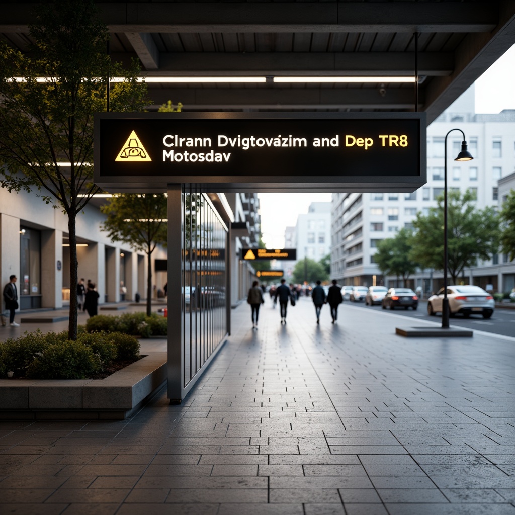 Prompt: Clean metro station signage, minimalistic design, bold typography, neutral color palette, sleek metal frames, backlit LED displays, geometric shapes, modern urban aesthetic, concrete floors, industrial-style lighting, sparse greenery, busy pedestrian traffic, shallow depth of field, 1/1 composition, realistic reflections, ambient occlusion.