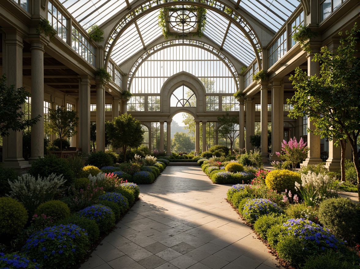 Prompt: Elegant greenhouse, Victorian-era inspired architecture, lush greenery, exotic flowers, ornate metal frames, stained glass roofs, clerestory windows, natural stone walls, rustic wooden accents, soft warm lighting, diffused sunlight, shallow depth of field, 1/1 composition, symmetrical framing, realistic plant textures, ambient occlusion, misty atmosphere, serene ambiance.