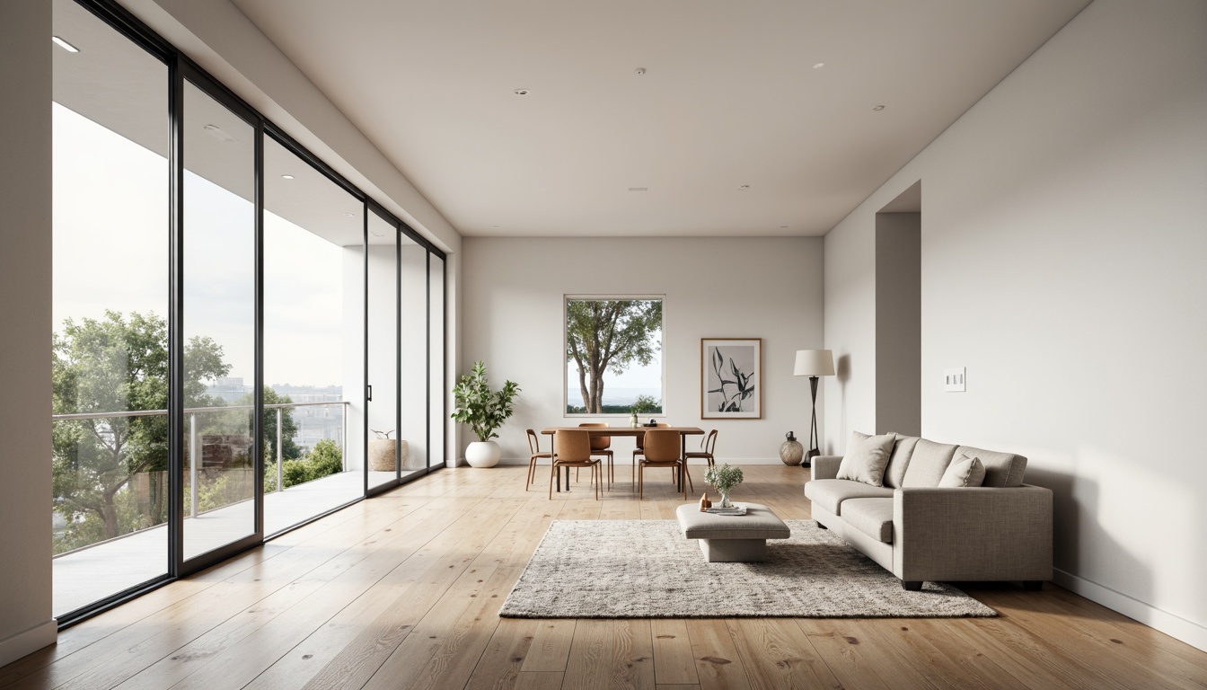 Prompt: Monochromatic interior, sleek lines, minimal ornamentation, natural materials, wooden floors, white walls, floor-to-ceiling windows, sliding glass doors, functional furniture, geometric shapes, subtle textures, warm ambient lighting, 1/1 composition, shallow depth of field, realistic renderings, soft focus, calm atmosphere, peaceful ambiance.