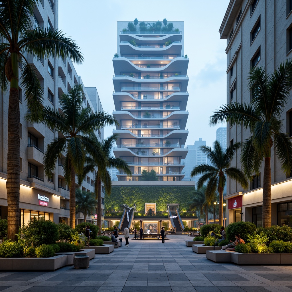 Prompt: Geometric skyscraper, futuristic architecture, urban landscape, concrete pavement, modern streetlights, abstract sculptures, vibrant green walls, vertical gardens, metallic benches, angular planters, exotic palm trees, neon lights, misty evening atmosphere, shallow depth of field, 1/1 composition, realistic textures, ambient occlusion, dramatic shadows.