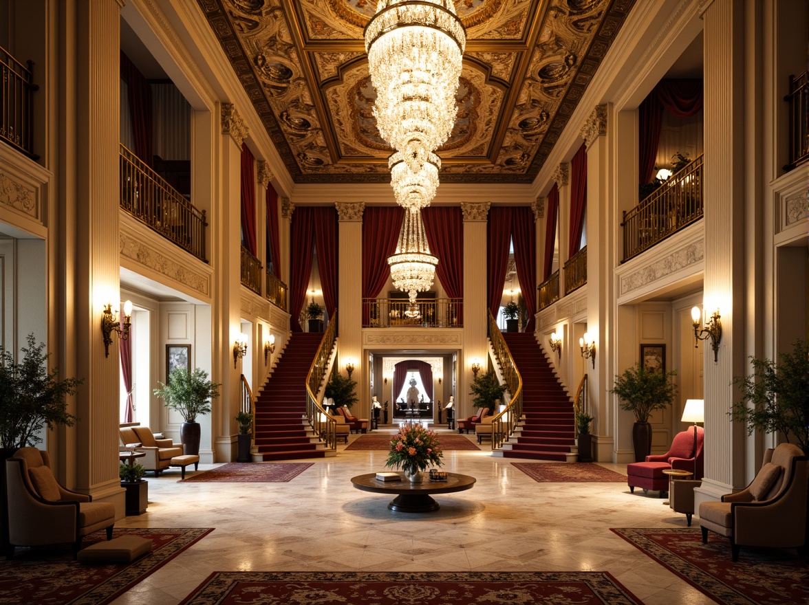 Prompt: Luxurious grand lobby, ornate chandeliers, gilded mirrors, intricate moldings, velvet drapes, marble floors, lavish furnishings, curved staircases, ornamental railings, golden accents, crystal sconces, dramatic lighting, opulent textiles, richly patterned rugs, Baroque-inspired architecture, grandiose scale, symmetrical composition, warm golden tones, soft focus, shallow depth of field.