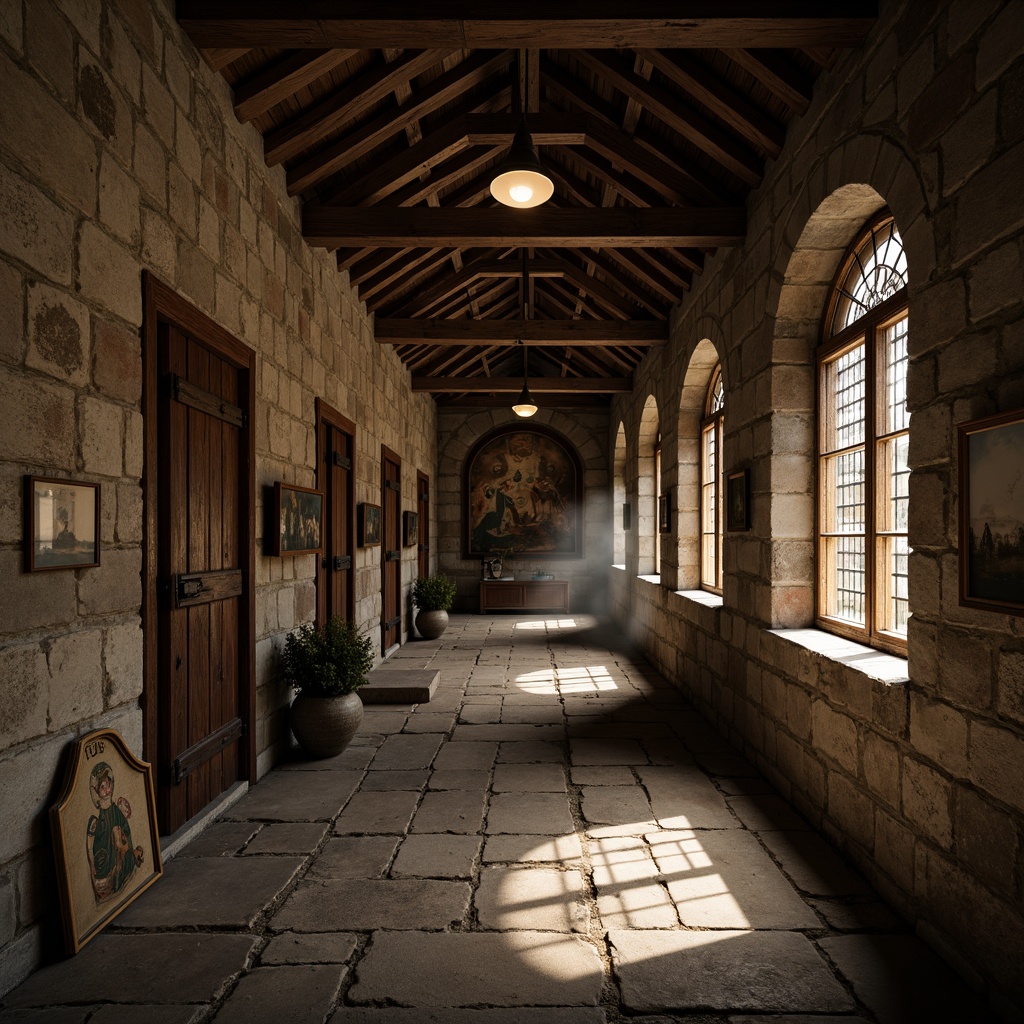 Prompt: Ancient monastery architecture, rustic stone walls, worn wooden doors, ornate metal hinges, faded fresco paintings, intricate Gothic arches, stained glass windows, dimly lit corridors, weathered stone floors, rough-hewn wooden beams, mystical ambiance, soft warm lighting, atmospheric fog, cinematic composition, high contrast ratio, realistic texture mapping, ambient occlusion.