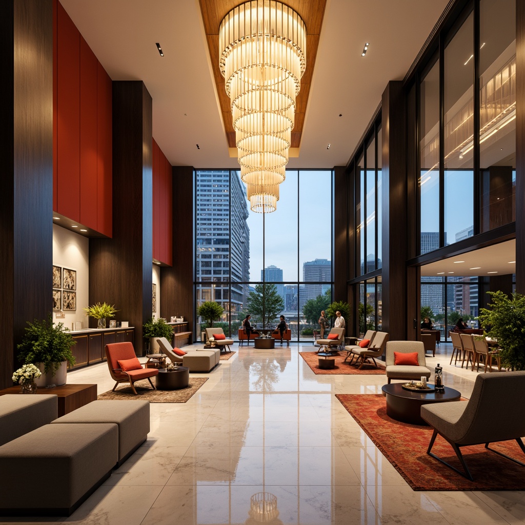 Prompt: Luxurious hotel lobby, grand chandelier, polished marble floor, comfortable sofas, elegant coffee tables, warm lighting, spacious reception desk, modern minimalist decor, vibrant accent walls, plush area rugs, stylish lounge chairs, floor-to-ceiling windows, stunning city views, soft background music, 1/1 composition, atmospheric rendering, realistic material textures.