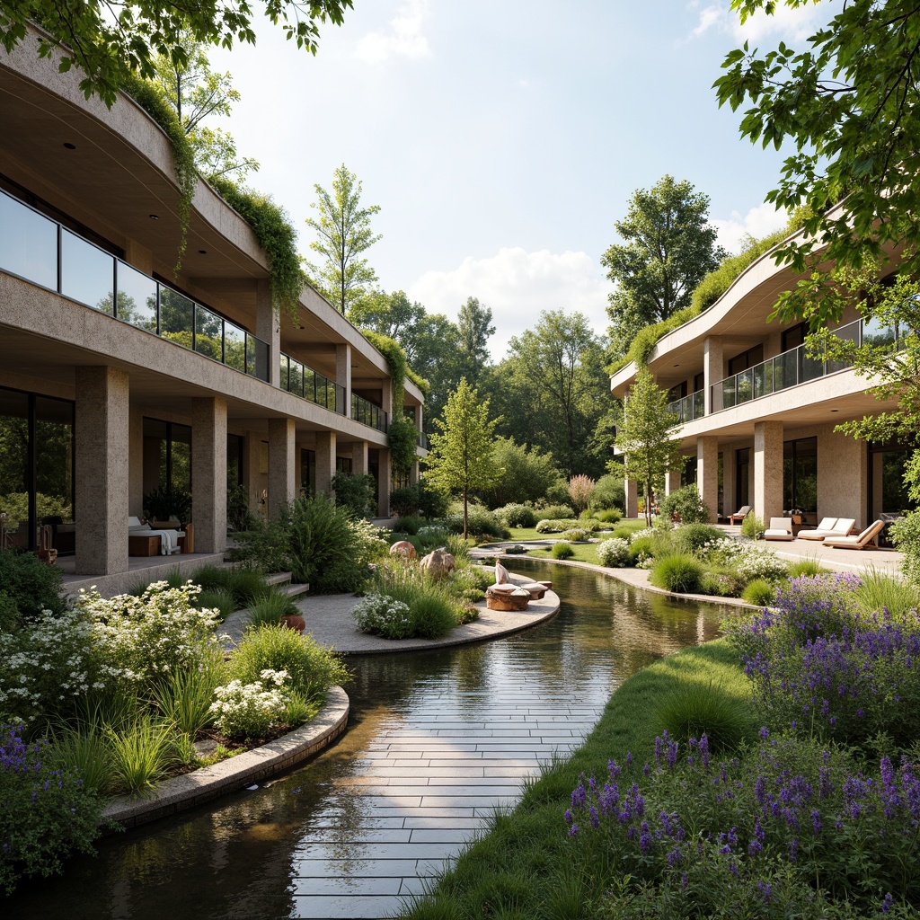 Prompt: Harmonious landscape integration, organic architecture, curved lines, natural stone walls, lush green roofs, verdant gardens, serene water features, wooden decking, meandering pathways, native plant species, vibrant wildflowers, sunny afternoon, soft diffused lighting, shallow depth of field, 2/3 composition, panoramic view, realistic textures, ambient occlusion.