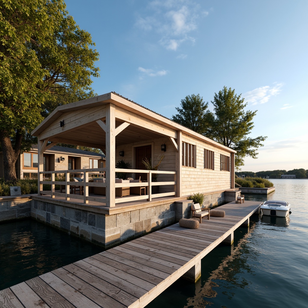 Prompt: Waterfront boathouse, rustic wooden dock, tranquil lake views, warm beige tones, weathered wood accents, soft blue hues, nautical rope details, vintage marine lights, natural stone foundations, lush greenery surroundings, sunny afternoon, gentle water reflections, shallow depth of field, 1/1 composition, realistic textures, ambient occlusion.