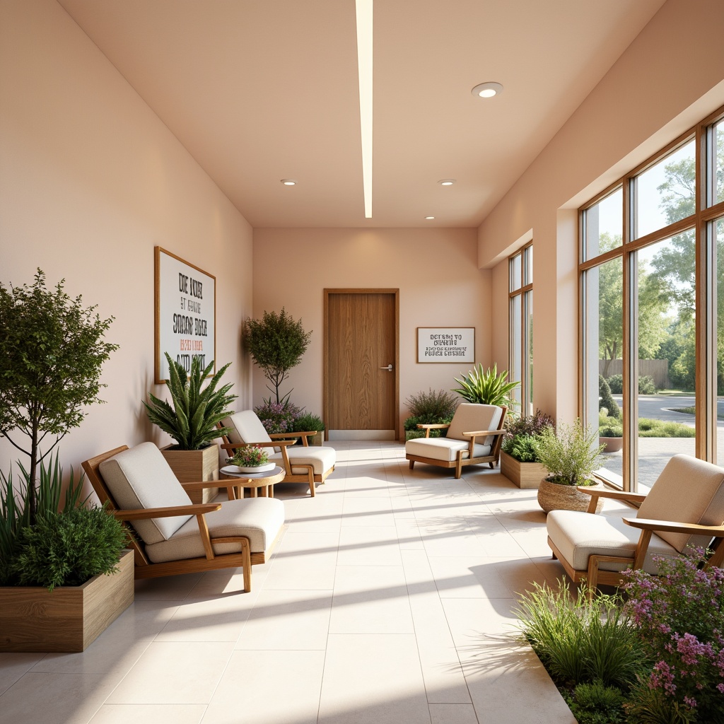 Prompt: Soothing rehabilitation center, calming atmosphere, muted color palette, gentle pastel hues, soft peach walls, creamy white floors, warm beige furniture, natural wood accents, uplifting greenery, lush plants, vibrant flower arrangements, motivational quotes, inspirational artwork, large windows, abundant natural light, cozy reading nooks, comfortable seating areas, relaxing water features, peaceful soundscapes, calming music, 1/2 composition, soft focus, warm lighting, realistic textures.