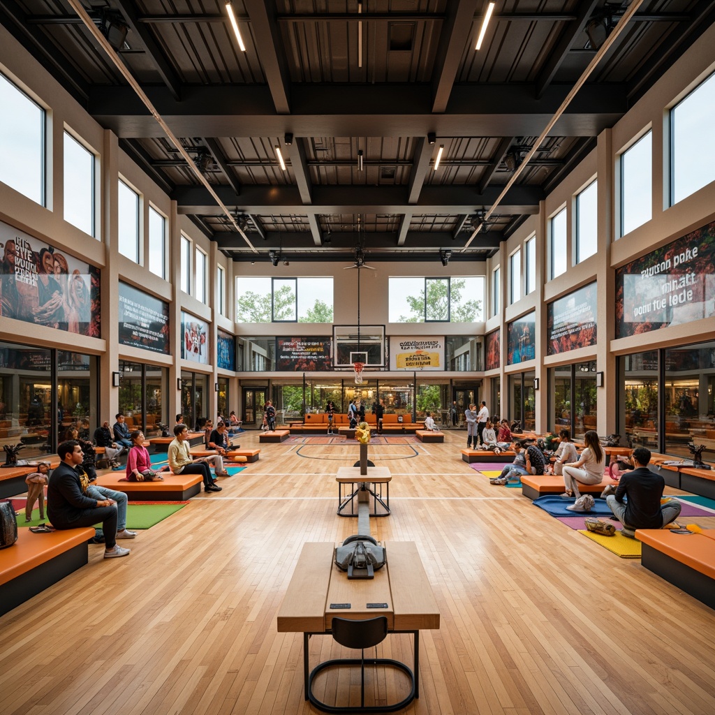 Prompt: Modern gymnasium interior, flexible seating arrangements, movable partitions, mirrored walls, polished wooden floors, high ceilings, natural light influx, retractable basketball hoops, multi-functional exercise equipment, colorful sports mats, motivational quotes, inspirational athletic murals, energetic atmosphere, warm lighting ambiance, 1/1 composition, shallow depth of field, realistic textures.