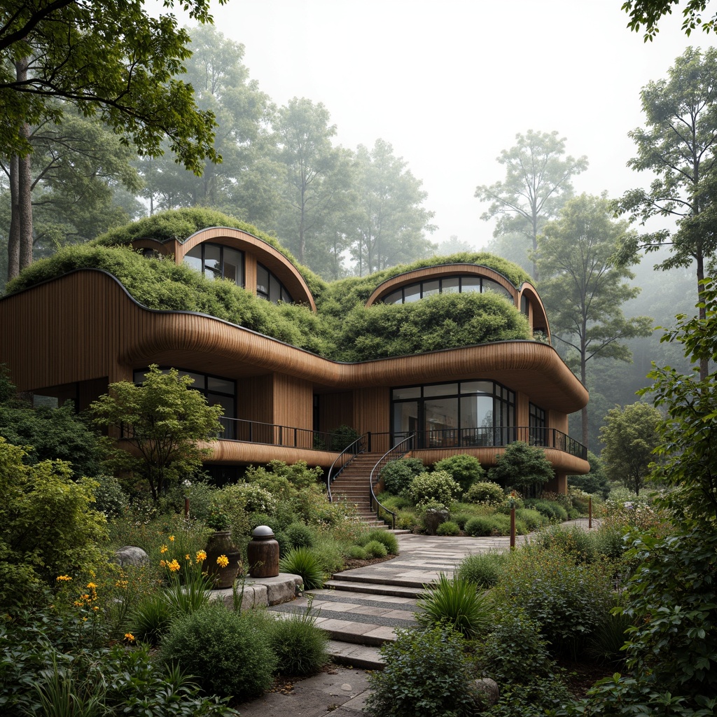 Prompt: Elegant eco-lodge, curved wooden beams, green roofs, living walls, native flora, natural stone foundations, earthy color palette, organic architecture, seamless landscape integration, serene forest surroundings, misty morning atmosphere, soft diffused lighting, shallow depth of field, 1/1 composition, intimate connection with nature, minimal environmental impact, sustainable building practices, recycled materials, energy-efficient systems, solar panels, rainwater harvesting, scenic overlooks, meandering walking trails, vibrant wildflowers, ancient tree species.