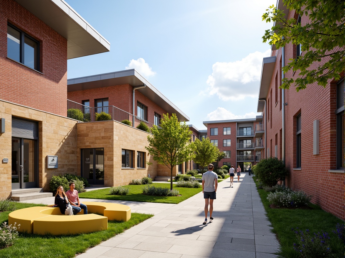 Prompt: Vibrant university campus, fusion of modern and traditional architecture, bold red brick buildings, sleek silver metal accents, warm beige stone walls, lush greenery, blooming flowers, playful yellow benches, educational signs, natural wood textures, rustic steel railings, dynamic lighting effects, shallow depth of field, 3/4 composition, panoramic view, realistic materials, ambient occlusion.