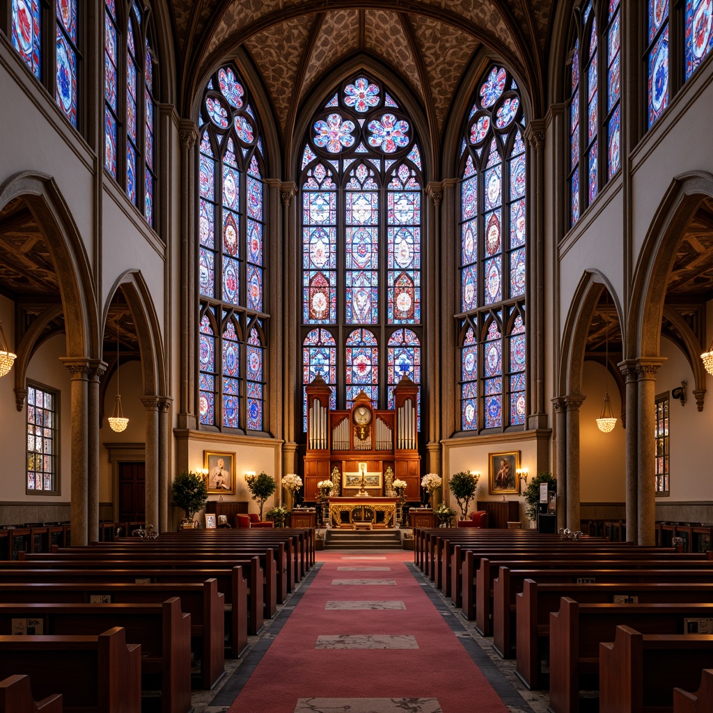 Prompt: Intricate stained glass windows, vibrant colors, Gothic arches, ornate facades, grand cathedral ceilings, majestic organs, polished wooden pews, elegant aisle runners, sacred religious symbols, divine light filtering, soft warm ambiance, shallow depth of field, 1/1 composition, symmetrical framing, realistic textures, ambient occlusion.