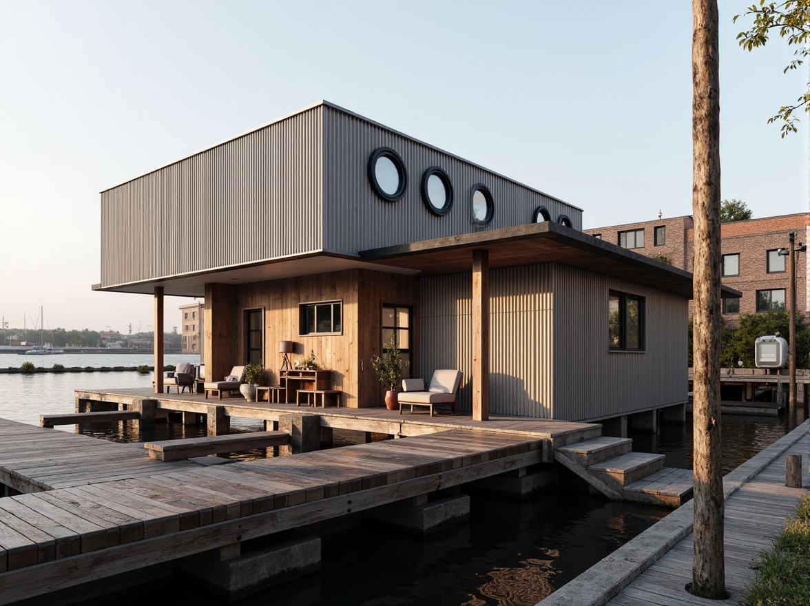 Prompt: Waterfront location, rustic boathouse, industrial Bauhaus style, corrugated metal fa\u00e7ade, wooden dock, nautical ropes, porthole windows, minimalist design, cantilevered rooflines, exposed brick walls, steel beams, functional simplicity, raw concrete textures, soft warm lighting, 1/1 composition, shallow depth of field, realistic materials, ambient occlusion.