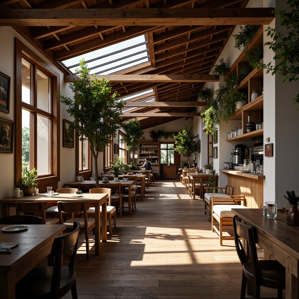 Prompt: Cozy coffee shop interior, exposed wooden beams, industrial chic aesthetic, reclaimed wood accents, metal roof trusses, skylights, natural light pouring in, warm atmosphere, aromatic coffee scents, comfortable seating areas, rustic wooden tables, vintage decor elements, earthy tone color palette, soft warm lighting, shallow depth of field, 1/1 composition, realistic textures, ambient occlusion.