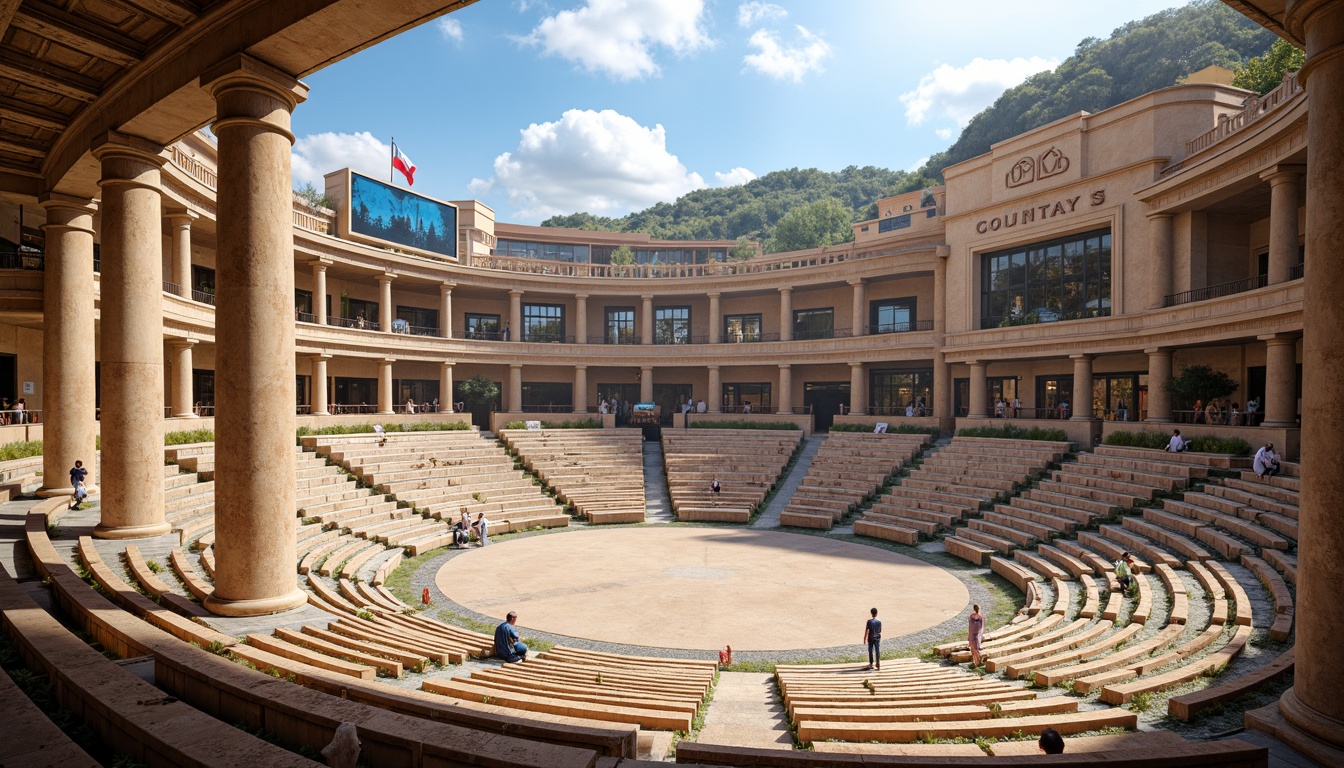 Prompt: Ancient Olympic arenas, Greek columns, ornate facades, vibrant Mediterranean colors, traditional amphitheater seating, modern sports facilities, retractable roofs, advanced LED lighting, dynamic scoreboard displays, international flags, cultural patterned flooring, intricate mosaics, historic athletic artifacts, nostalgic vintage signage, atmospheric smoke effects, warm sunny days, dramatic shadowing, shallow depth of field, 2/3 composition, panoramic views, realistic textures, ambient occlusion.