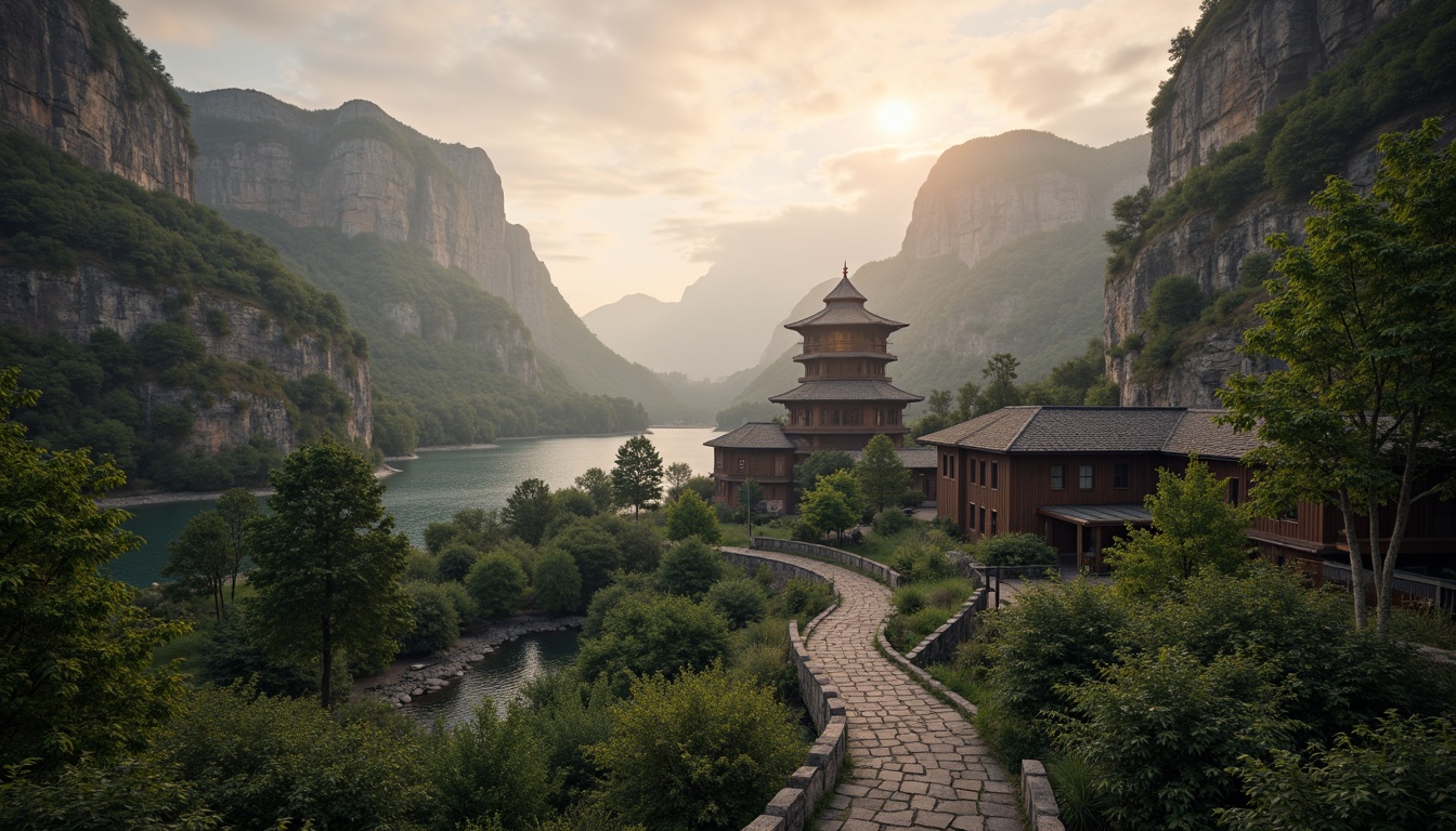 Prompt: Serene mountainous landscape, winding stone pathways, lush green forests, misty valleys, rugged rock formations, tranquil lakeside, watching tower designs, ancient stone structures, wooden bridges, rustic staircases, lantern-style lighting, warm sunset ambiance, soft golden hour lighting, shallow depth of field, 3/4 composition, panoramic view, realistic textures, ambient occlusion.