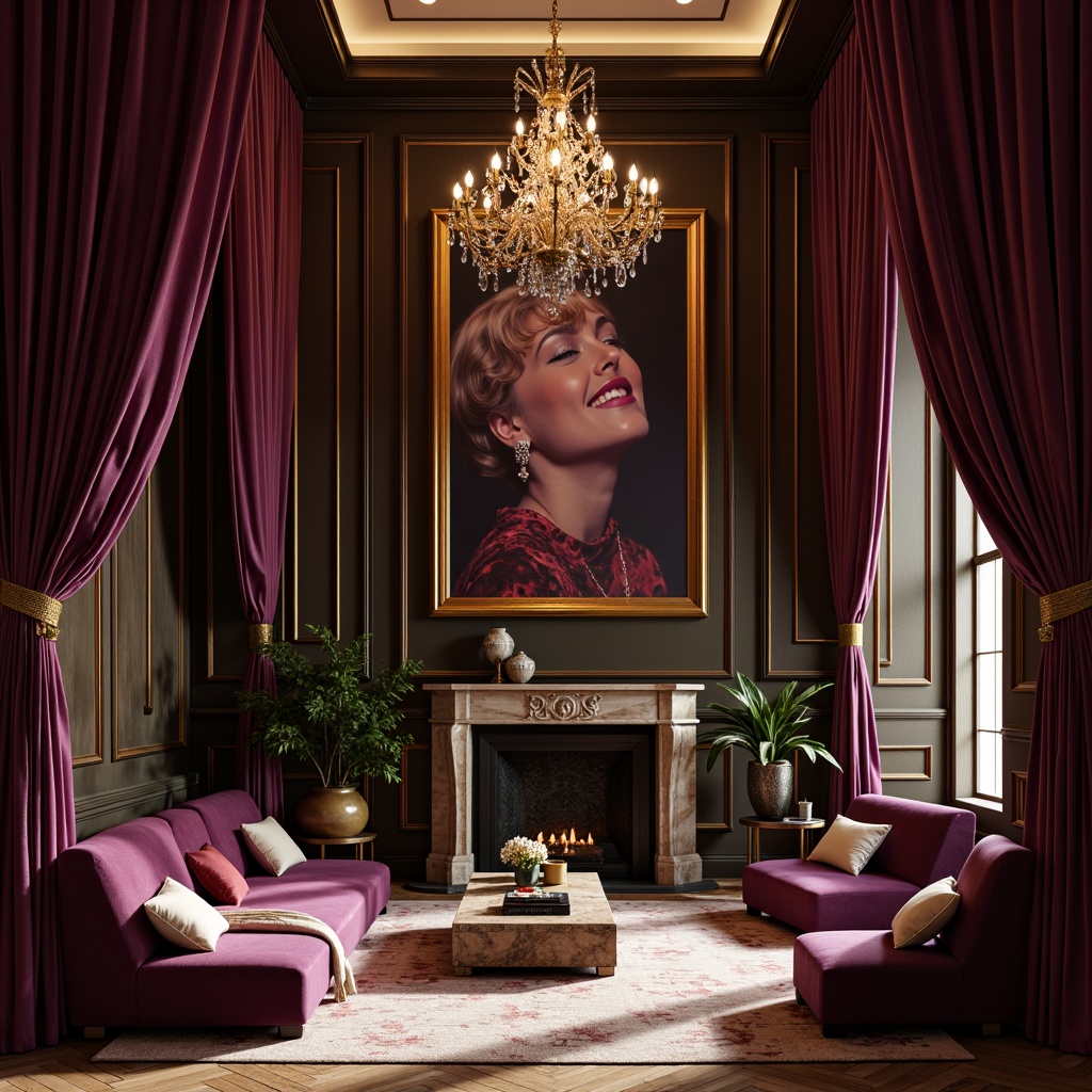 Prompt: Rich plum hues, luxurious velvet fabrics, ornate golden frames, mysterious dark woods, lavish crystal chandeliers, sophisticated neutral tones, creamy ivory accents, warm beige backgrounds, soft mossy textures, subtle shimmering effects, dramatic lighting contrasts, 1/2 composition, intimate close-up views, realistic fabric simulations, ambient occlusion.