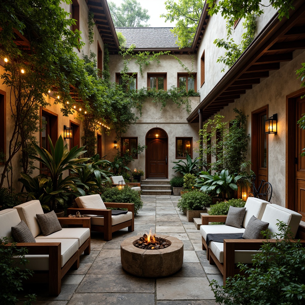 Prompt: Cozy hostel courtyard, lush greenery, vines on walls, rustic stone pathways, charming water features, intimate seating areas, warm string lighting, soft focus, shallow depth of field, 3/4 composition, panoramic view, natural textures, ambient occlusion, wooden accents, earthy tones, romantic ambiance, whimsical decorative elements, distressed finishes, vintage furniture, plush throw blankets, warm fireplace, crackling sounds, serene atmosphere.