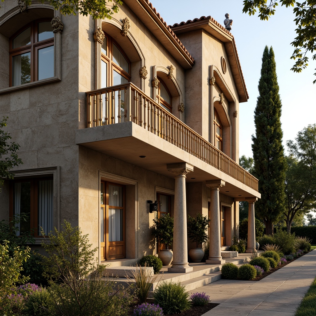 Prompt: Luxurious villa facade, ornate Baroque details, grandiose entrance, carved stone columns, intricate balconies, curved lines, ornamental moldings, gilded accents, symmetrical composition, rustic stone walls, manicured gardens, blooming flowers, tranquil atmosphere, warm golden lighting, shallow depth of field, 1/1 composition, realistic textures, ambient occlusion.