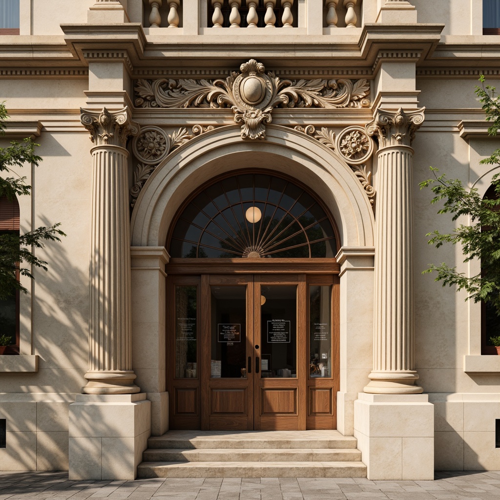 Prompt: Intricate stone carvings, ornate columns, grand entrance archways, symmetrical facade composition, subtle rustication, elegant pediments, decorative cornices, refined dentil molding, classic quoins, soft beige stonework, subtle warm lighting, nuanced shadow play, shallow depth of field, 1/1 composition, realistic textures, ambient occlusion.