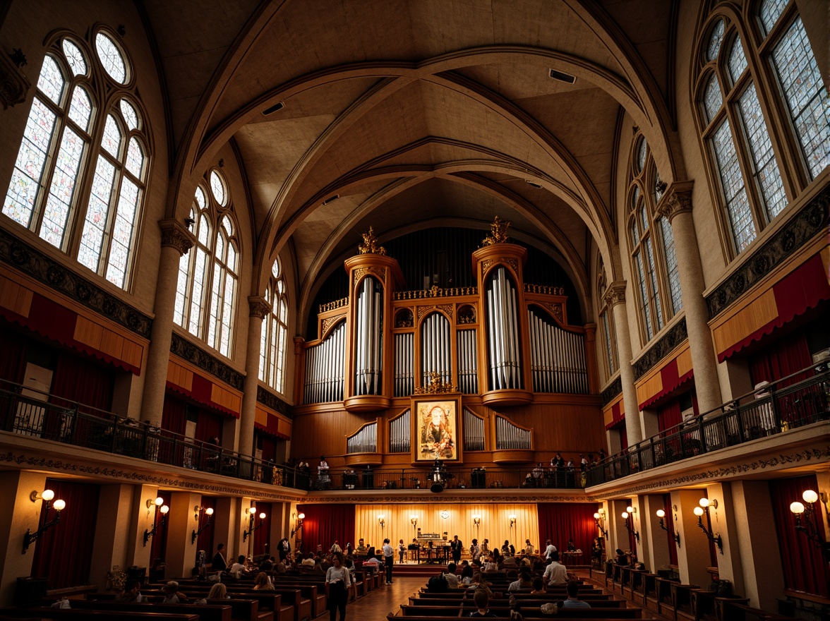 Prompt: Grandiose concert hall, Gothic arches, ribbed vaults, stained glass windows, intricate stone carvings, ornate balconies, crimson velvet curtains, polished wooden floors, majestic pipe organs, golden accents, dramatic lighting, warm ambiance, 1/2 composition, low-angle shot, soft focus, subtle bokeh.