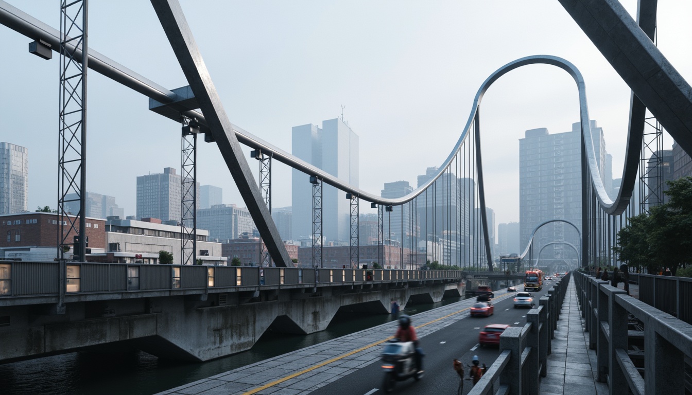 Prompt: Futuristic vehicular bridge, sleek metallic beams, angular lines, modern structural elements, dynamic curvature, elevated roadways, cantilevered sections, suspension cables, urban cityscape, busy traffic flow, dramatic lighting effects, misty atmospheric conditions, shallow depth of field, 1/2 composition, realistic textures, ambient occlusion.