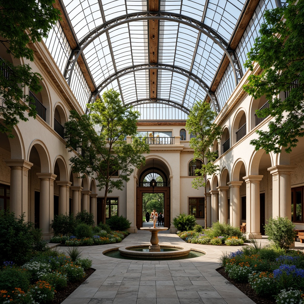 Prompt: Grandiose greenhouse, ornate facades, lush greenery, curved glass roofs, intricate metal frameworks, natural stone walls, rustic wooden accents, vintage industrial elements, soft warm lighting, shallow depth of field, 1/1 composition, realistic textures, ambient occlusion, Renaissance-inspired arches, classical columns, grand entranceways, symmetrical compositions, elegant fountains, serene water features, surrounding botanical gardens, vibrant blooming flowers, sunny day.