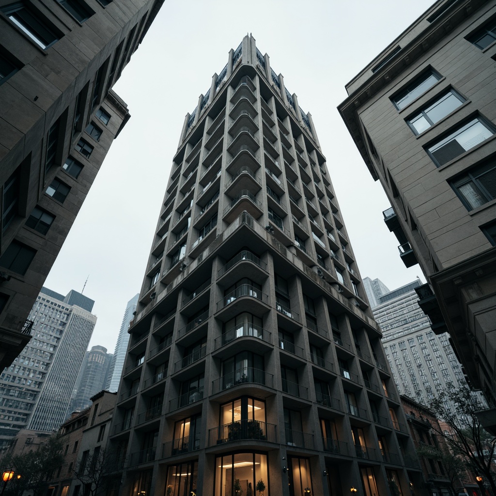 Prompt: Rugged brutalist skyscraper, concrete monolith, fortress-like fa\u00e7ade, imposing verticality, geometric patterns, raw unfinished surfaces, industrial materials, urban cityscape, gloomy overcast sky, dramatic lighting, deep shadows, cinematic composition, low-angle shot, realistic textures, ambient occlusion, intricate staircases, exposed ductwork, minimalist interior design, functional simplicity.