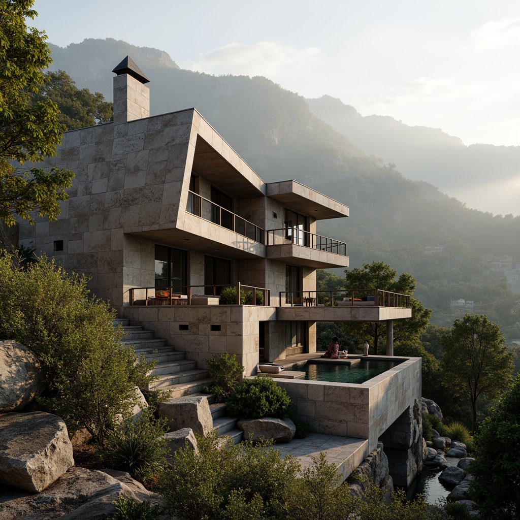 Prompt: Rustic villa, brutalist architecture, rough-hewn stone walls, cantilevered roofs, angular lines, minimalist decor, natural surroundings, lush greenery, serene forest, misty mountains, warm sunlight, soft shadows, 3/4 composition, panoramic view, realistic textures, ambient occlusion, earthy color palette, weathered wood accents, industrial metal details, organic forms, asymmetrical structure, rugged terrain, winding pathways, tranquil atmosphere.