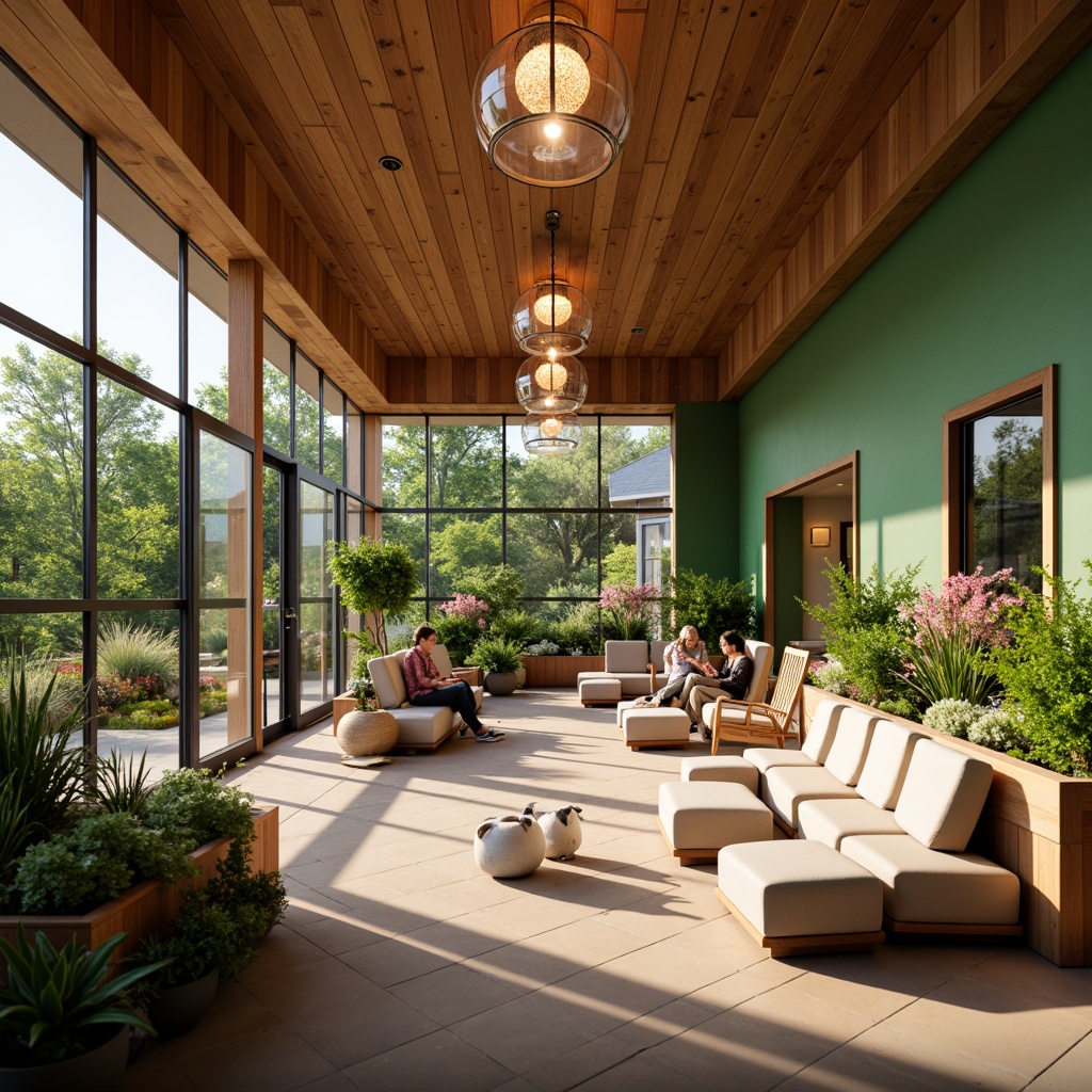 Prompt: Cozy community center, warm wooden accents, comfortable seating areas, vibrant green walls, natural light pouring in, large windows, sliding glass doors, outdoor patio spaces, lush greenery surroundings, blooming flowers, decorative lanterns, soft warm lighting, shallow depth of field, 3/4 composition, realistic textures, ambient occlusion.