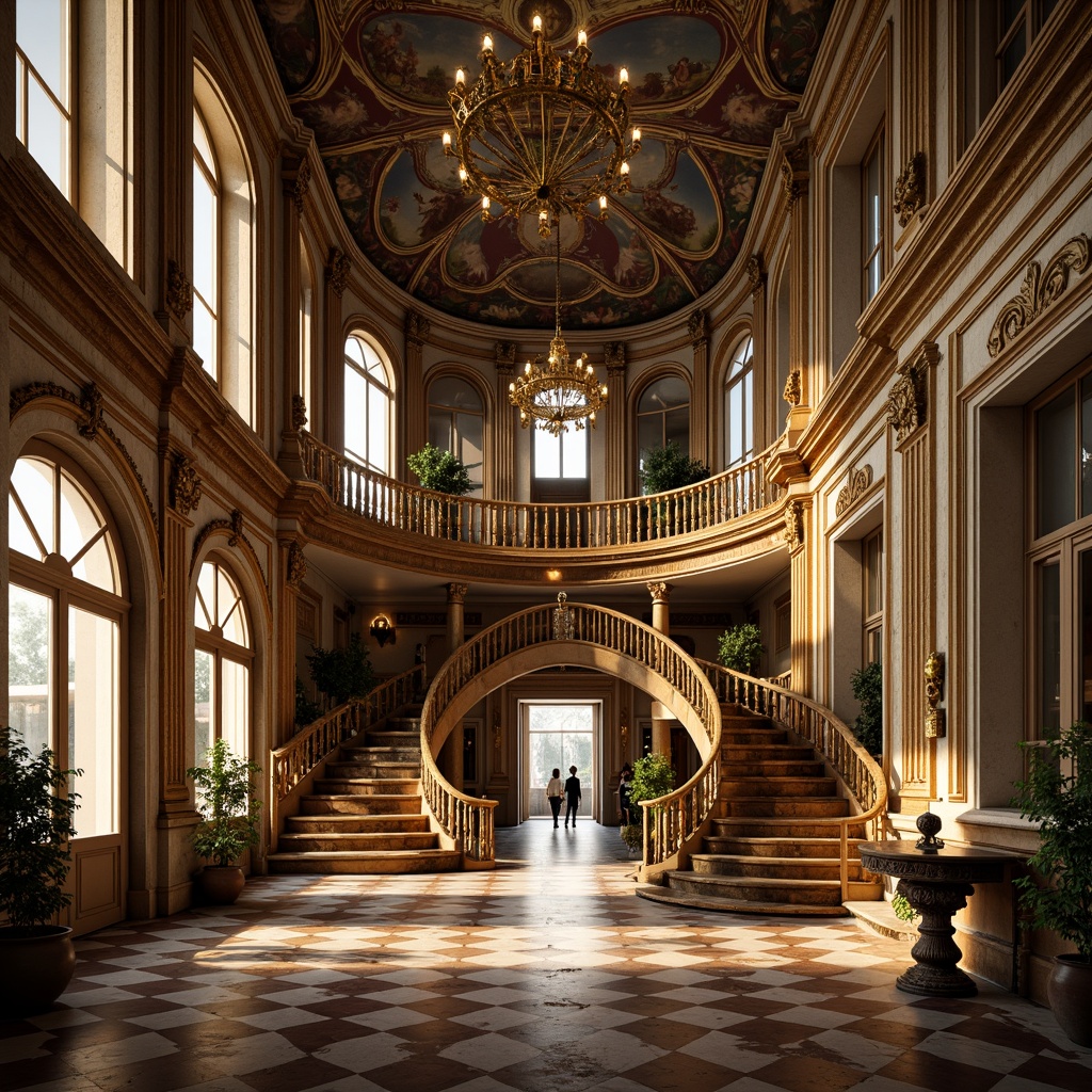 Prompt: Intricate villa, ornate Baroque detailing, grandiose fa\u00e7ade, opulent ornamentation, lavish decorations, gilded accents, carved stonework, sweeping archways, grand staircases, majestic columns, regal balustrades, elaborate frescoes, rich tapestries, luxurious chandeliers, warm golden lighting, dramatic shadows, 1/2 composition, detailed textures, realistic reflections, ambient occlusion.