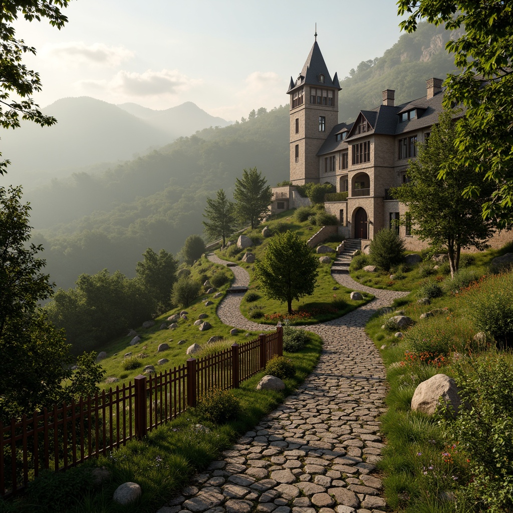 Prompt: Scenic hillside, winding stone paths, rustic wooden fences, majestic watching tower, medieval-inspired architecture, grandeur entrance, ornate metal gates, lush green forests, vibrant wildflowers, serene misty morning, soft warm lighting, 1/2 composition, dramatic depth of field, atmospheric perspective, realistic textures, ambient occlusion.