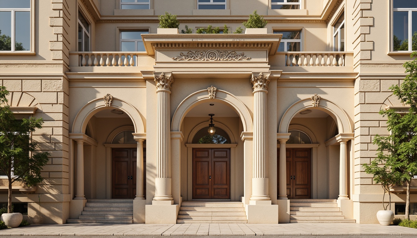 Prompt: Grandiose neoclassical building, ornate columns, intricately carved capitals, fluted shafts, majestic arches, symmetrical fa\u00e7ade, rusticated stone walls, elegant pilasters, refined moldings, subtle cornices, classical proportions, harmonious balance, soft natural light, warm beige tones, subtle texture variations, realistic material rendering, 1/2 composition, low-angle view, atmospheric perspective.