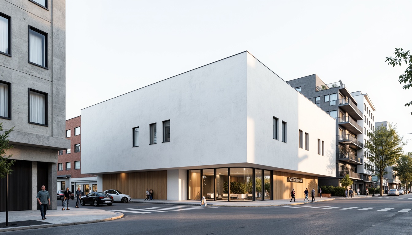 Prompt: Simple white facade, clean lines, minimal ornamentation, flat roofs, large windows, sliding glass doors, industrial materials, concrete walls, wooden accents, subtle textures, natural light, soft shadows, 1/1 composition, symmetrical balance, monochromatic color scheme, calm atmosphere, urban surroundings, modern cityscape, busy streets, pedestrian traffic.