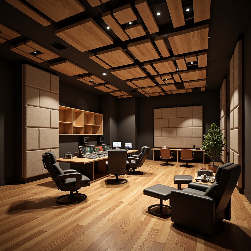 Prompt: Soundproofed recording studio, acoustic panels, soft furnishings, minimal reverberation, warm ambient lighting, wooden floorings, sound-absorbing materials, ergonomic chairs, audio equipment, mixing consoles, microphone stands, vocal booths, diffuser designs, asymmetrical layout, 1/1 composition, shallow depth of field, realistic textures, subtle color palette.