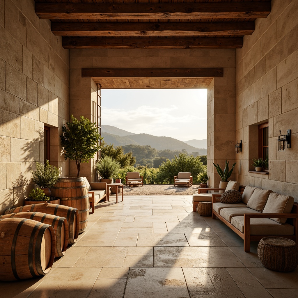 Prompt: Earthy winery, rustic stone walls, wooden barrels, vineyard landscape, rolling hills, soft golden light, warm beige tones, rich walnut wood, industrial metal accents, natural linen textiles, muted terracotta hues, elegant minimalism, clean lines, simplified forms, functional simplicity, airy openness, abundant natural light, panoramic views, shallow depth of field, 2/3 composition.