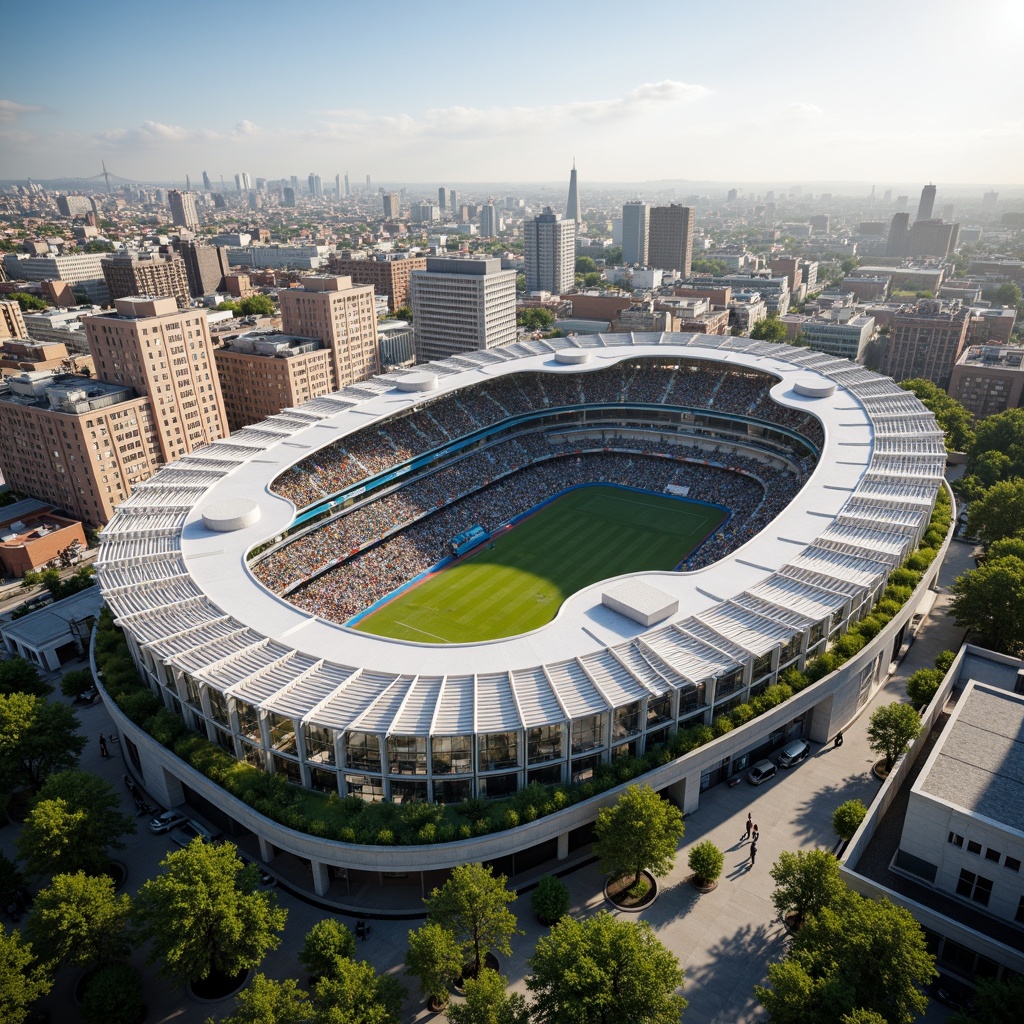 Prompt: Large stadium, natural ventilation system, open-air architecture, curved roof design, clerestory windows, operable louvers, solar shading devices, green roofs, living walls, urban skyline views, bustling city atmosphere, warm sunny day, soft diffused lighting, shallow depth of field, 1/2 composition, realistic textures, ambient occlusion.