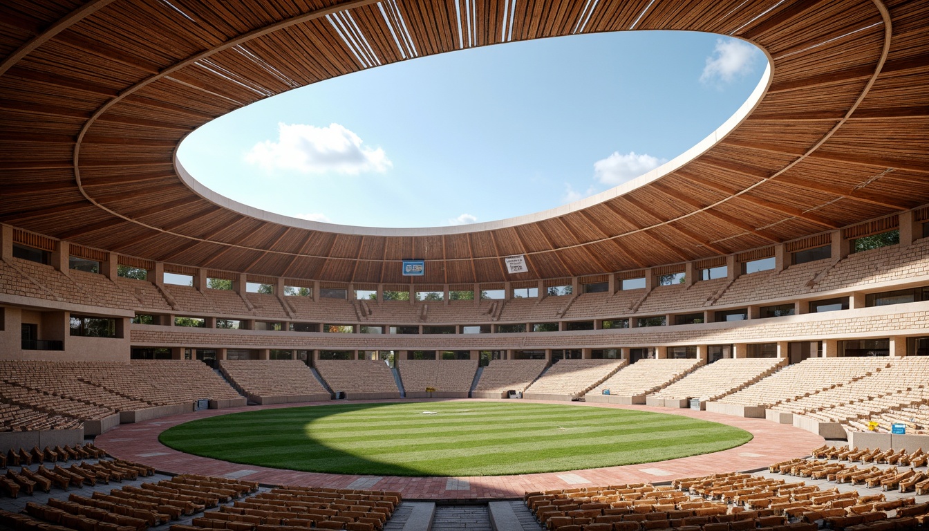 Prompt: Regional stadium, earthy tones, local stone facades, natural wood accents, rustic metal details, curved lines, organic shapes, traditional roofing tiles, vibrant cultural patterns, colorful textiles, ethnic-inspired motifs, warm sunny day, soft diffused lighting, shallow depth of field, 3/4 composition, panoramic view, realistic textures, ambient occlusion.