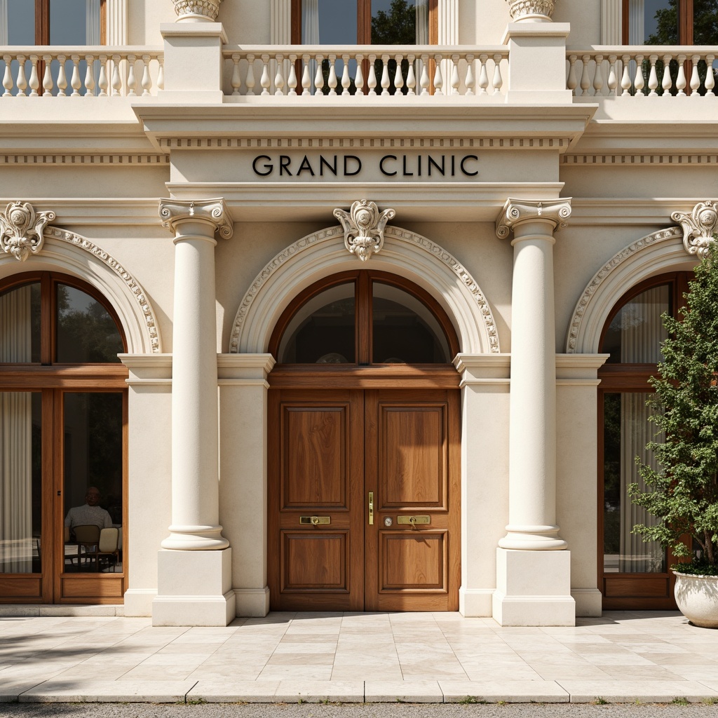 Prompt: \Grand clinic facade, ornate columns, intricately carved stonework, symmetrical composition, classical arches, decorative cornices, elegant pilasters, subtle ornamentation, creamy white marble, polished granite floors, large wooden doors, bronze door handles, soft natural lighting, warm beige tones, shallow depth of field, 1/1 composition, realistic textures, ambient occlusion.\