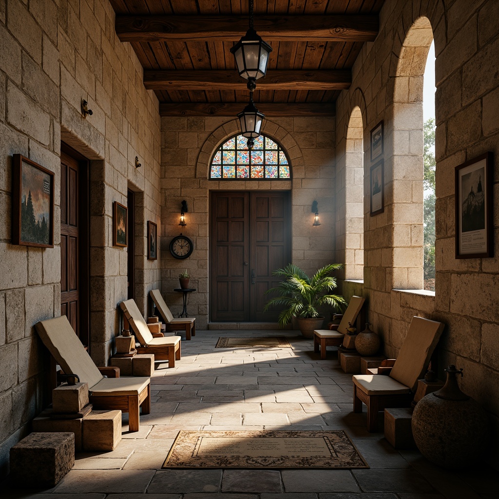 Prompt: Ancient monastery, rustic stone walls, weathered wooden doors, ornate metal fixtures, stained glass windows, intricate tile mosaics, distressed leather-bound tomes, faded parchment scrolls, worn stone flooring, dimly lit corridors, soft warm lighting, subtle depth of field, 1/2 composition, intimate atmosphere, realistic textures, ambient occlusion.