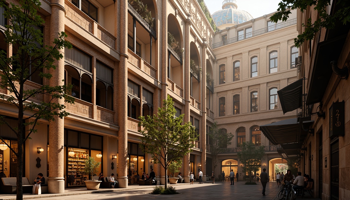 Prompt: Ornate market building, Renaissance-style architecture, grand windows with ornate frames, stained glass details, arched windows, Gothic-inspired facades, intricately carved stonework, rustic brick walls, vibrant frescoes, ornate balconies, curved lines, elegant proportions, warm golden lighting, soft shadows, atmospheric mist, 1/1 composition, symmetrical framing, detailed textures, ambient occlusion.