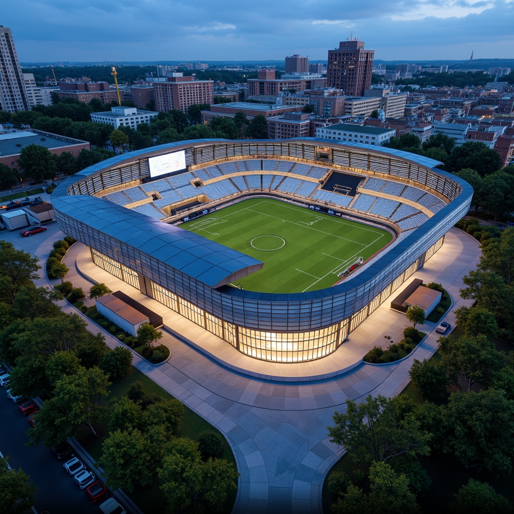 Prompt: Vibrant football stadium, fusion architecture style, curved dynamic lines, futuristic LED lights, sleek metal cladding, large cantilevered roofs, grand entrance gates, iconic scoreboards, lush green landscape, manicured lawns, sports equipment storage, concrete aggregate flooring, modern urban surroundings, dramatic evening lighting, high-angle shot, shallow depth of field, 2/3 composition, realistic textures, ambient occlusion.