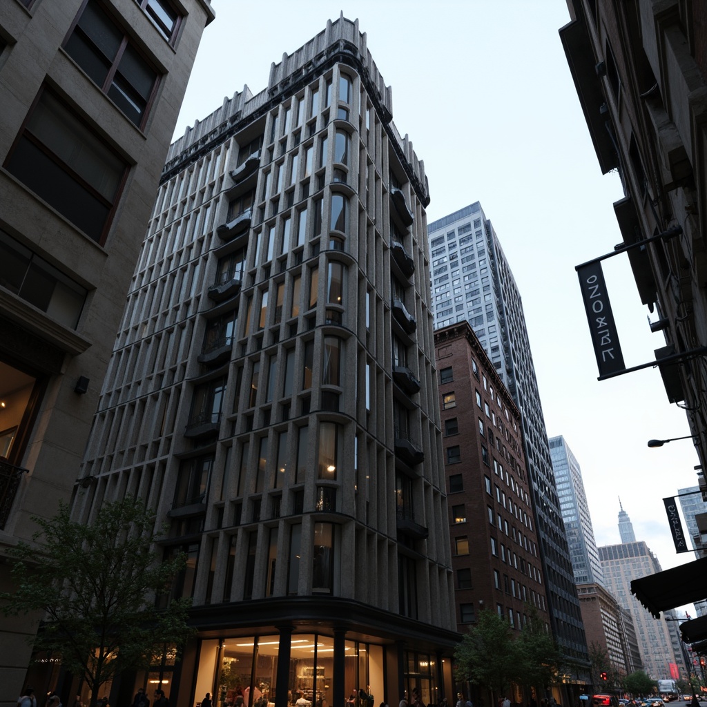 Prompt: Rugged skyscraper, brutalist architecture, raw concrete texture, exposed ductwork, industrial pipes, angular lines, fortress-like structure, monumental scale, urban landscape, cityscape view, dramatic lighting, low-angle shot, 1/2 composition, high-contrast color palette, realistic rendering, ambient occlusion.