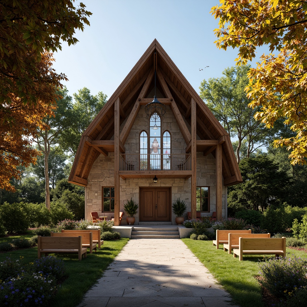 Prompt: Rustic suburban church, natural stone fa\u00e7ade, stained glass windows, wooden pews, vaulted ceilings, ornate chandeliers, peaceful atmosphere, surrounding trees, lush greenery, walking paths, serene landscape, warm sunny day, soft diffused lighting, 1/1 composition, symmetrical framing, realistic textures, subtle shading.