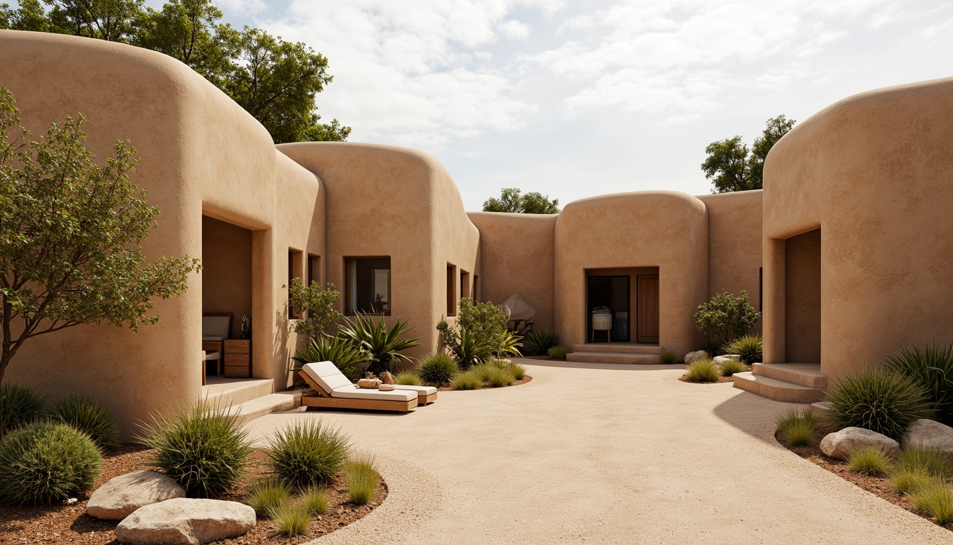 Prompt: Earthen walls, natural mud bricks, sustainable earthy tones, organic forms, curved lines, green roofs, lush vegetation, eco-friendly materials, recycled resources, minimal carbon footprint, earthy scent, rustic ambiance, warm beige lighting, shallow depth of field, 1/1 composition, realistic textures, ambient occlusion, serene atmosphere, desert landscape, sandy dunes, cactus plants.