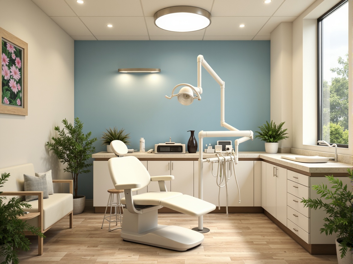 Prompt: Calming dental clinic atmosphere, soft beige walls, gentle blue accents, creamy white furniture, warm wooden floors, natural stone countertops, calming greenery, lush plants, serene artwork, minimal decor, soothing color scheme, pastel shades, calming lighting, subtle texture contrasts, 1/1 composition, shallow depth of field, realistic renderings, ambient occlusion.