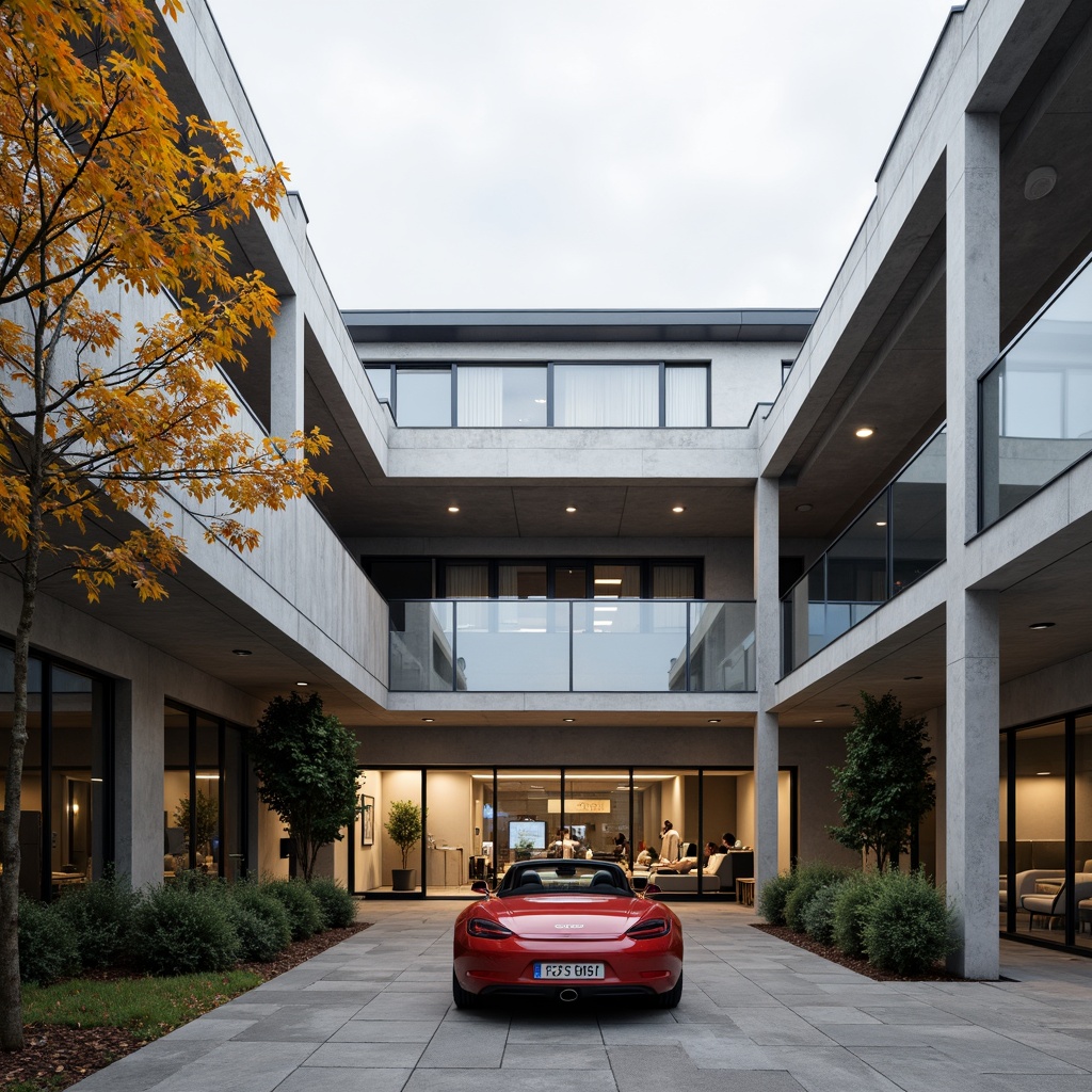 Prompt: Clean lines, rectangular forms, minimal ornamentation, industrial materials, steel beams, concrete walls, large windows, functional simplicity, open floor plans, cantilevered roofs, geometric shapes, primary color schemes, bold typography, abstract patterns, functional lighting fixtures, brutalist architecture, urban context, overcast sky, dramatic shadows, high contrast ratio, 1/1 composition, symmetrical framing.